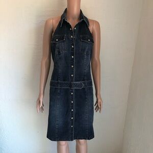 Moda International Vintage Dark Wash Denim Button-Front Halter Dress Women’s 6